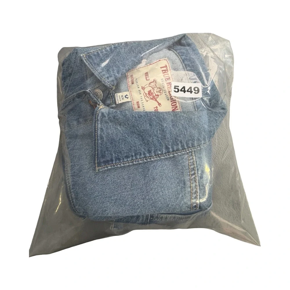 True Religion Denim Jacket Mens Medium Blue World Tour Trucker Horseshoe Stitch